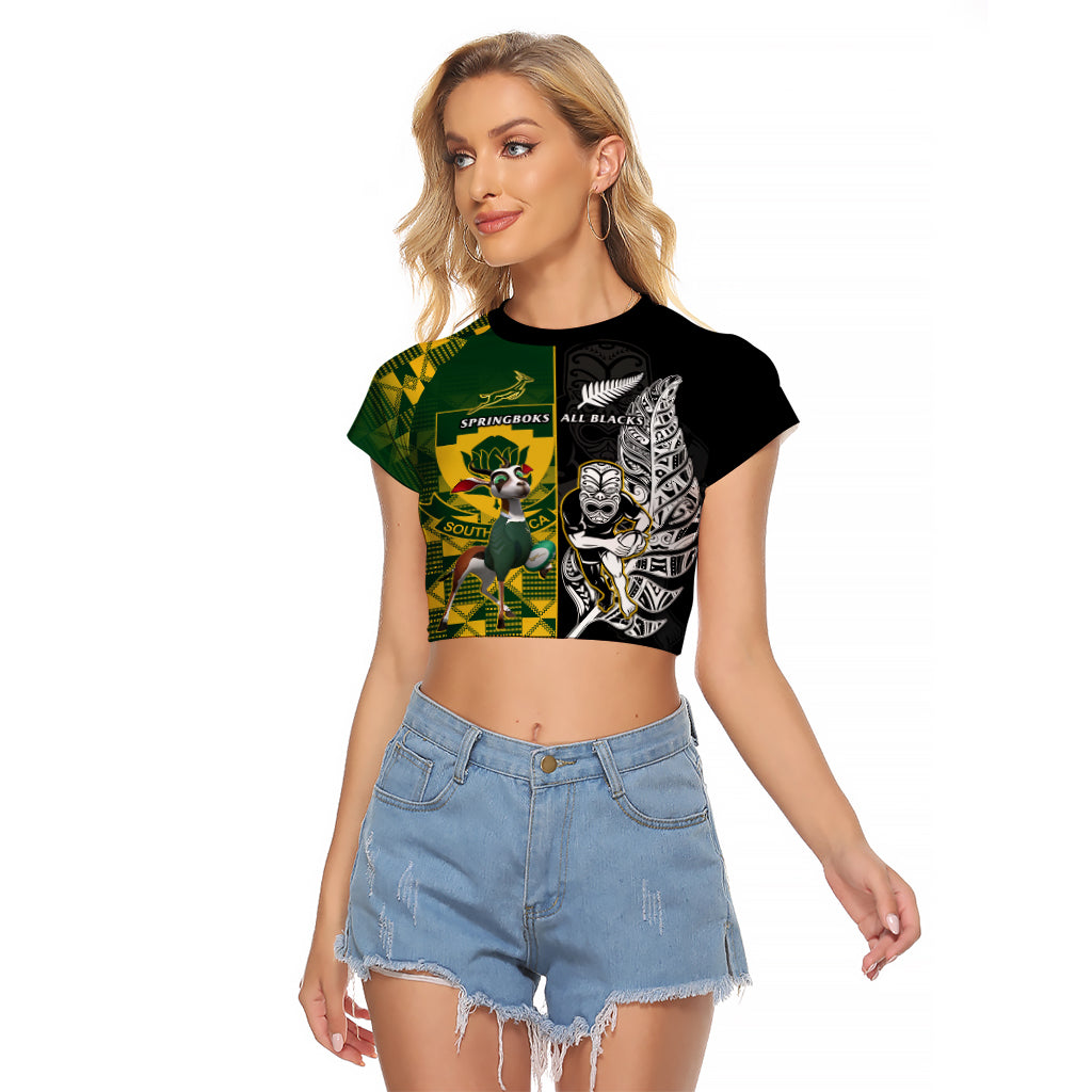 Custom South Africa And Aotearoa Rugby Raglan Cropped T Shirt 2023 Springboks Kente Combine All Black Maori Fern - Wonder Print Shop