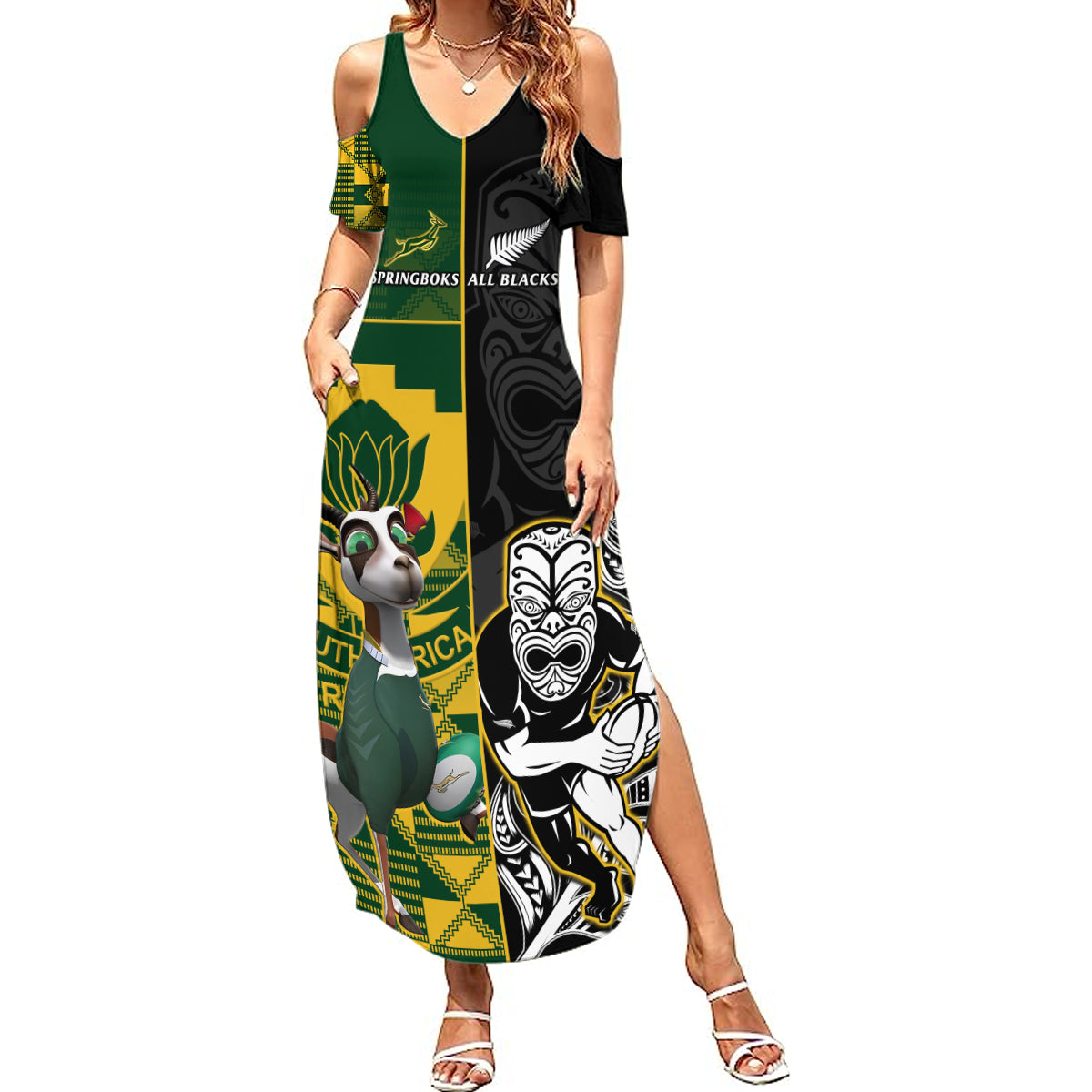 Custom South Africa And Aotearoa Rugby Summer Maxi Dress 2023 Springboks Kente Combine All Black Maori Fern - Wonder Print Shop