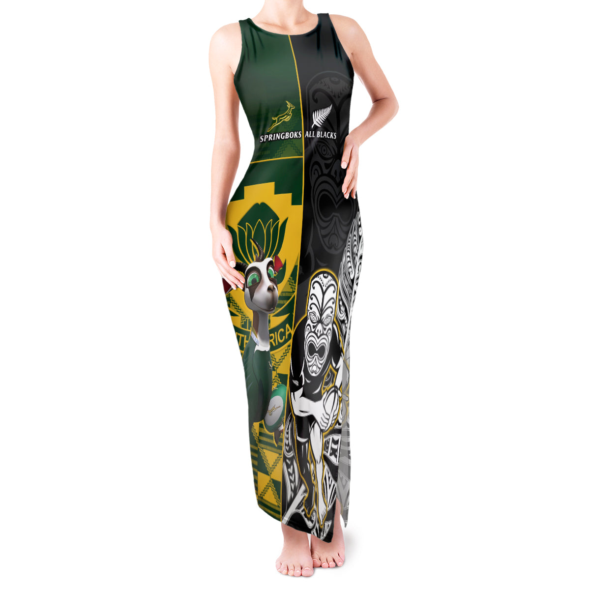 Custom South Africa And Aotearoa Rugby Tank Maxi Dress 2023 Springboks Kente Combine All Black Maori Fern - Wonder Print Shop