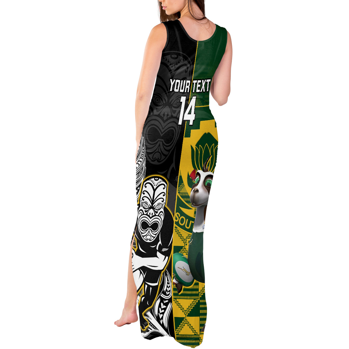 Custom South Africa And Aotearoa Rugby Tank Maxi Dress 2023 Springboks Kente Combine All Black Maori Fern - Wonder Print Shop