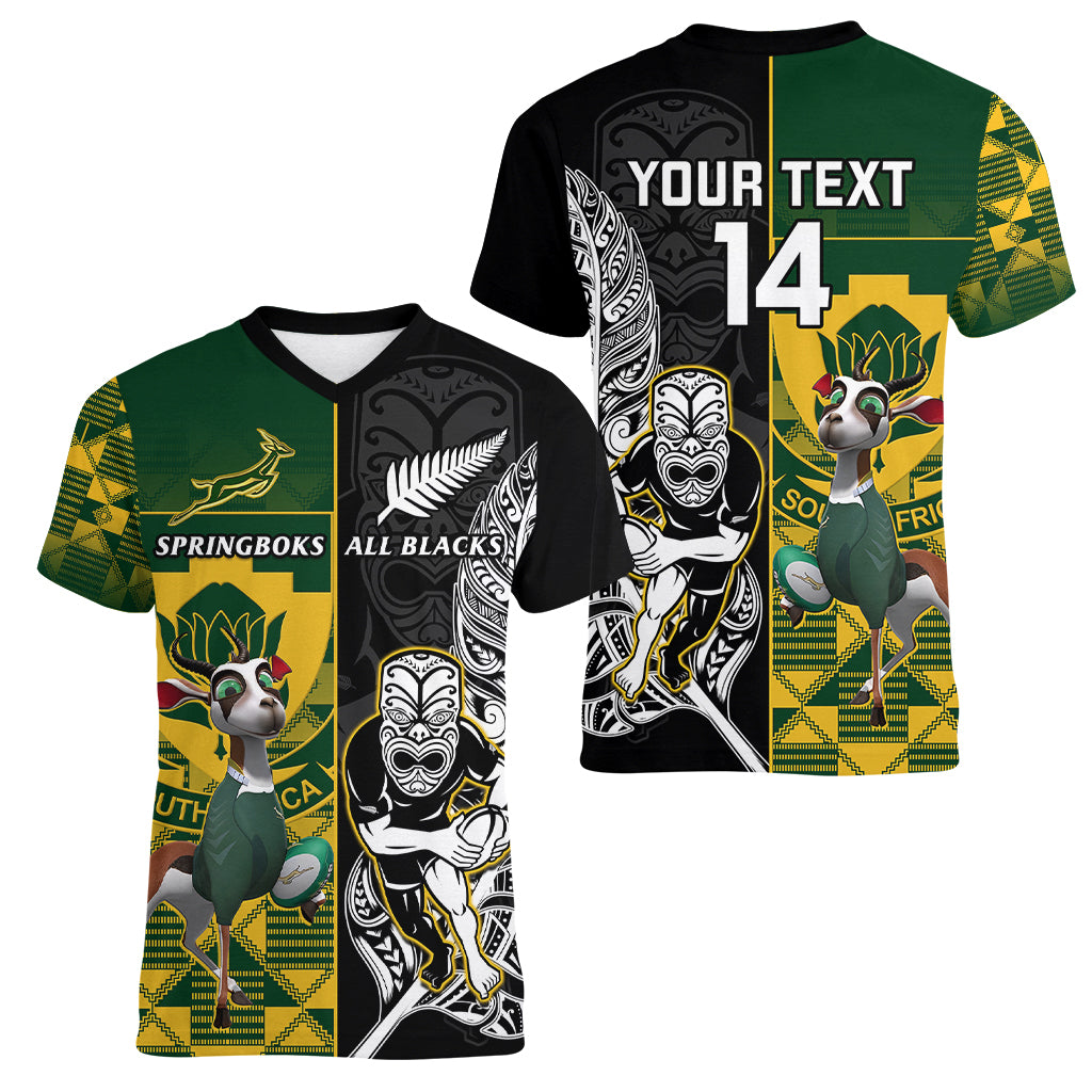 Custom South Africa And Aotearoa Rugby Women V Neck T Shirt 2023 Springboks Kente Combine All Black Maori Fern - Wonder Print Shop