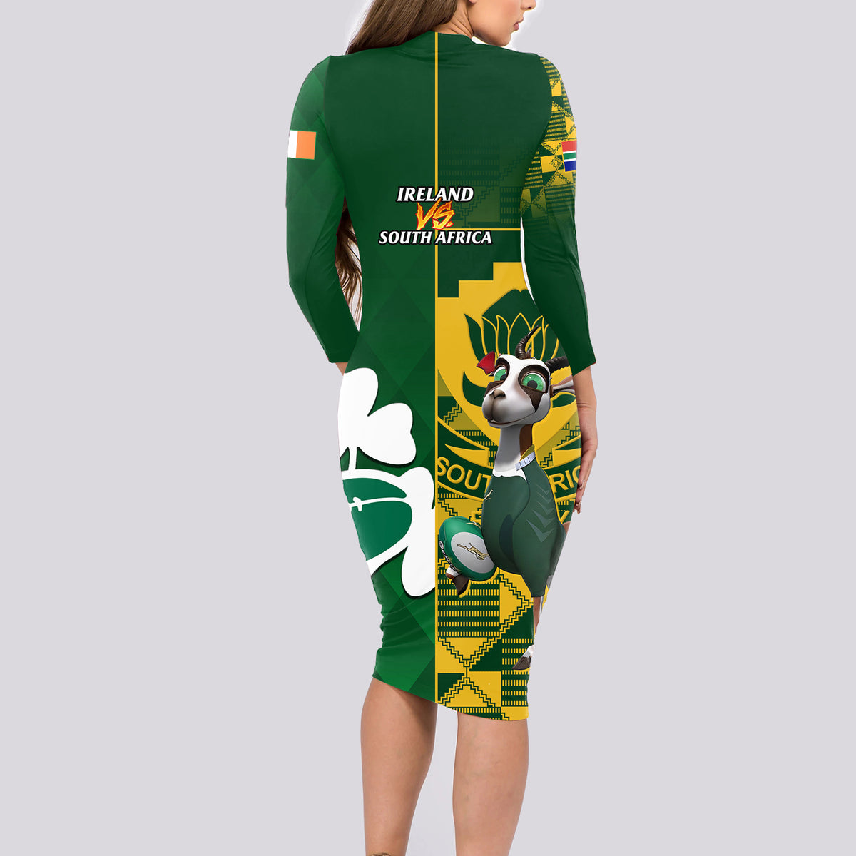 South Africa And Ireland Rugby Long Sleeve Bodycon Dress 2023 World Cup Springboks Shamrocks Together - Wonder Print Shop