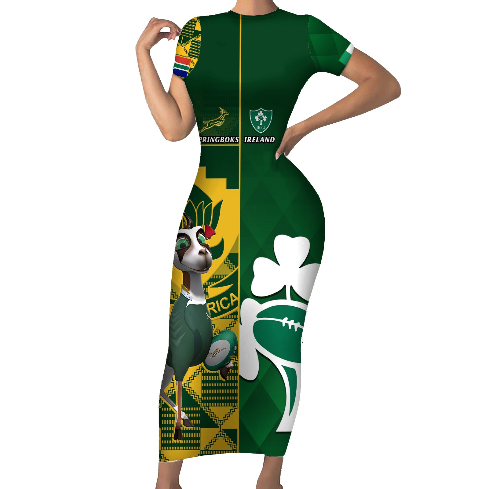 South Africa And Ireland Rugby Short Sleeve Bodycon Dress 2023 World Cup Springboks Shamrocks Together - Wonder Print Shop