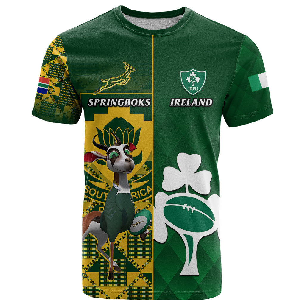 springbok rugby gear South Africa And Ireland Rugby T Shirt 2023 World Cup Springboks Shamrocks Together