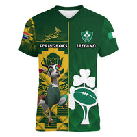 South Africa And Ireland Rugby Women V Neck T Shirt 2023 World Cup Springboks Shamrocks Together - Wonder Print Shop