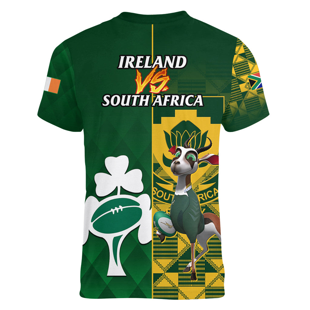 South Africa And Ireland Rugby Women V Neck T Shirt 2023 World Cup Springboks Shamrocks Together - Wonder Print Shop