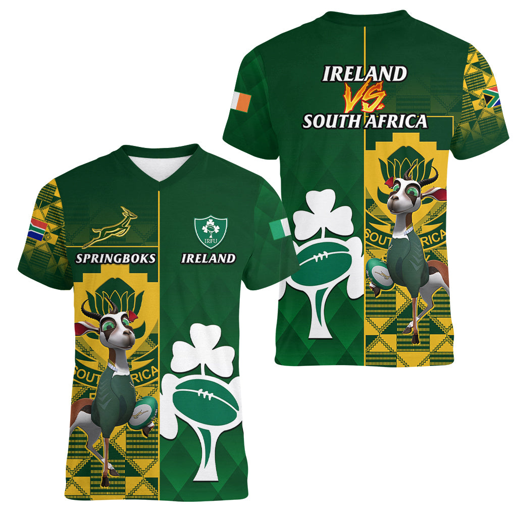 South Africa And Ireland Rugby Women V Neck T Shirt 2023 World Cup Springboks Shamrocks Together - Wonder Print Shop