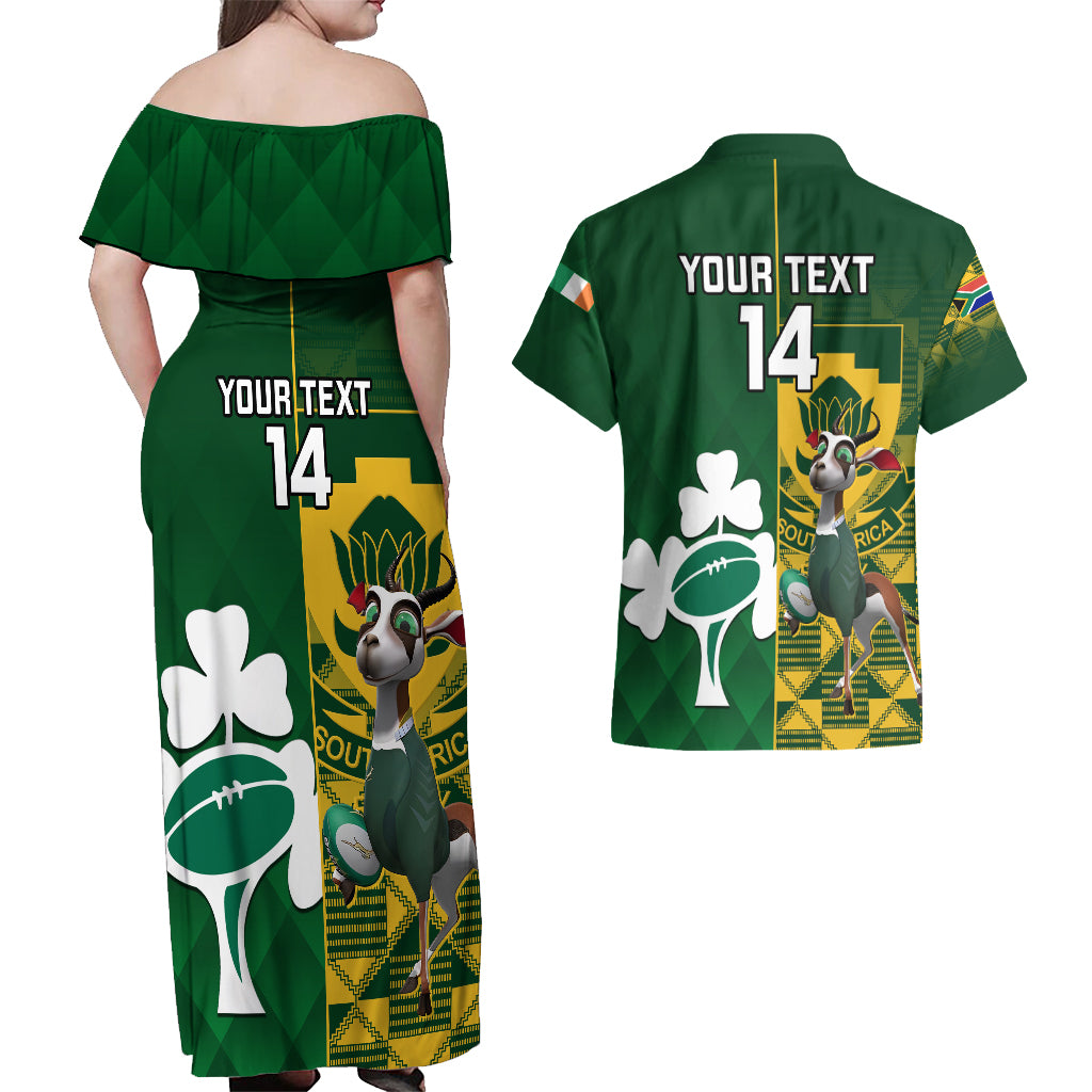 Custom South Africa And Ireland Rugby Couples Matching Off Shoulder Maxi Dress and Hawaiian Shirt 2023 World Cup Springboks Shamrocks Together - Wonder Print Shop