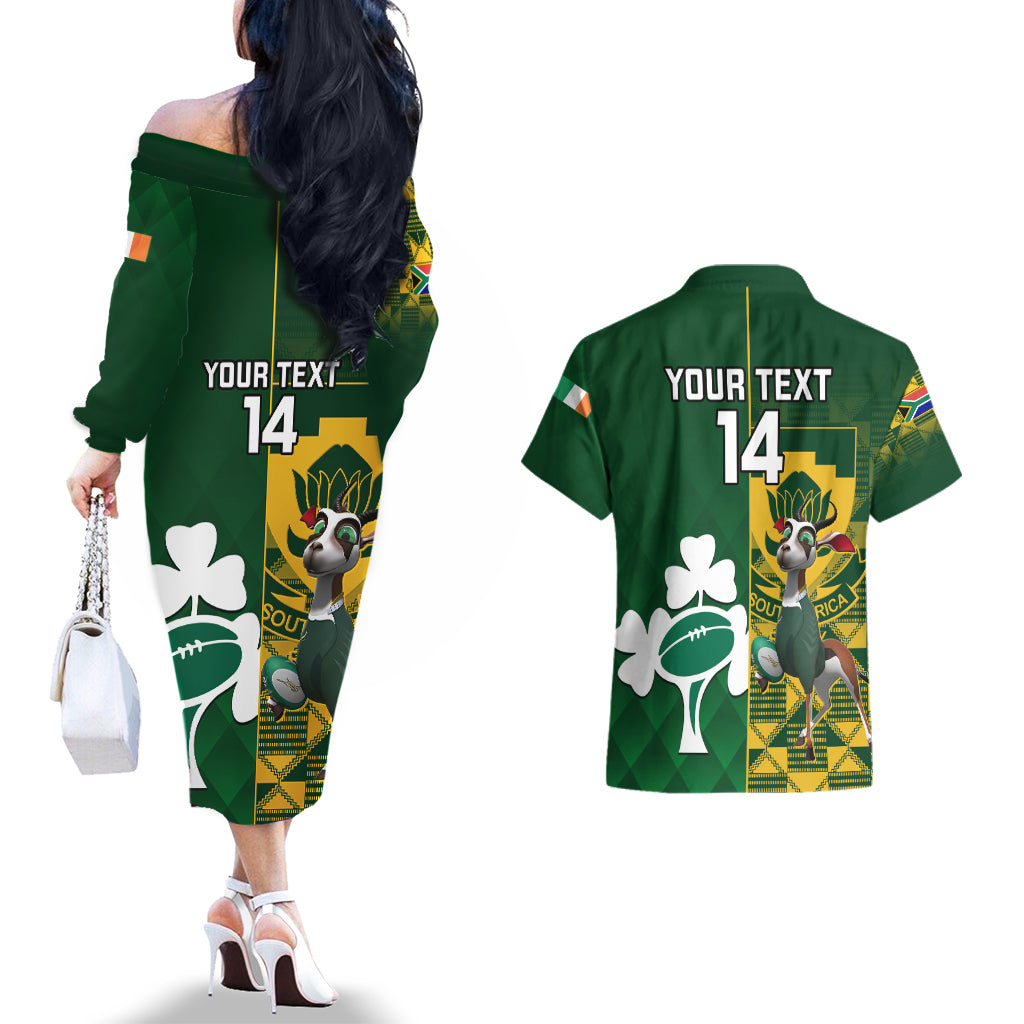 Custom South Africa And Ireland Rugby Couples Matching Off The Shoulder Long Sleeve Dress and Hawaiian Shirt 2023 World Cup Springboks Shamrocks Together - Wonder Print Shop