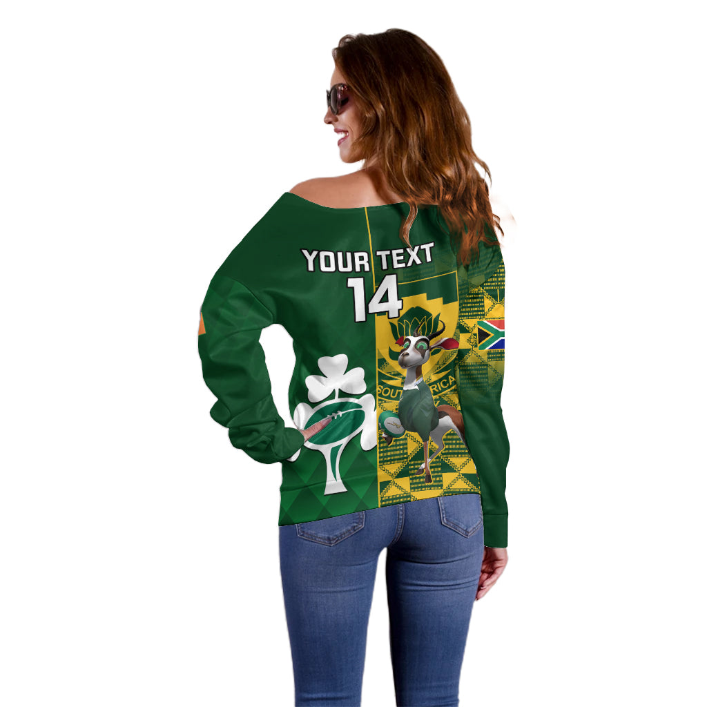Custom South Africa And Ireland Rugby Off Shoulder Sweater 2023 World Cup Springboks Shamrocks Together - Wonder Print Shop