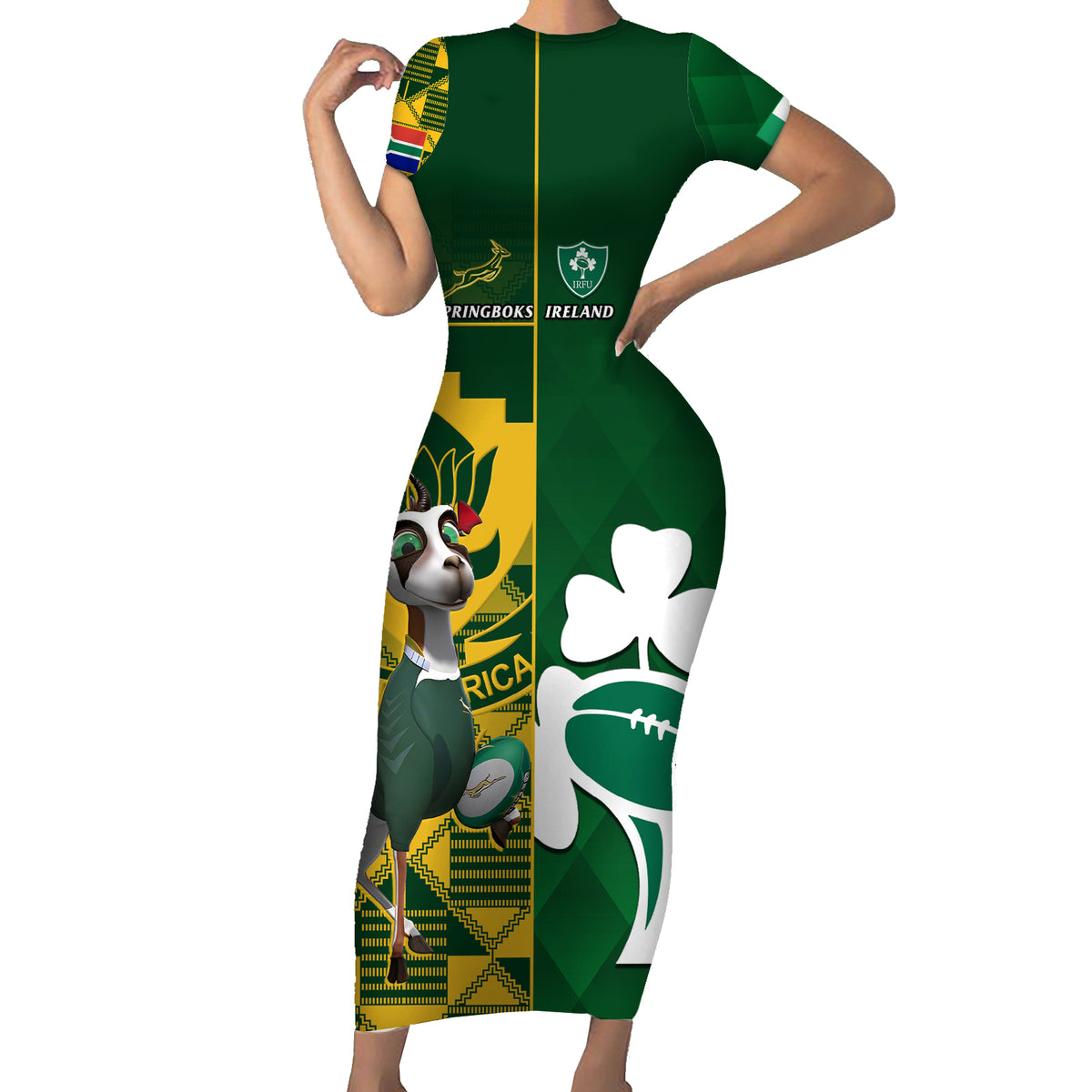 Custom South Africa And Ireland Rugby Short Sleeve Bodycon Dress 2023 World Cup Springboks Shamrocks Together - Wonder Print Shop