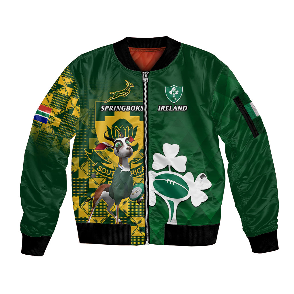 Custom South Africa And Ireland Rugby Sleeve Zip Bomber Jacket 2023 World Cup Springboks Shamrocks Together - Wonder Print Shop