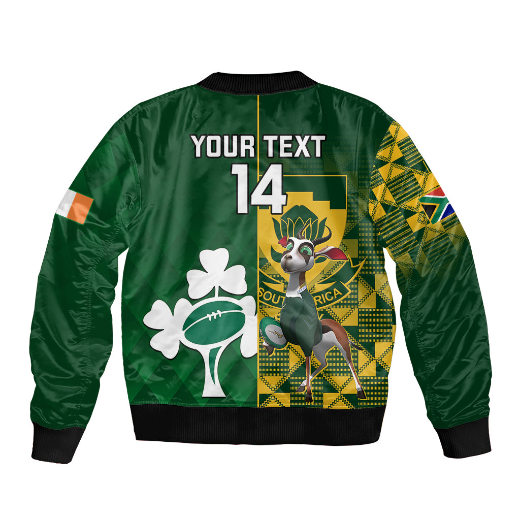 Custom South Africa And Ireland Rugby Sleeve Zip Bomber Jacket 2023 World Cup Springboks Shamrocks Together - Wonder Print Shop