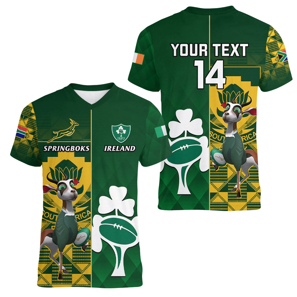 Custom South Africa And Ireland Rugby Women V Neck T Shirt 2023 World Cup Springboks Shamrocks Together - Wonder Print Shop