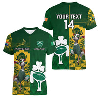 Custom South Africa And Ireland Rugby Women V Neck T Shirt 2023 World Cup Springboks Shamrocks Together - Wonder Print Shop