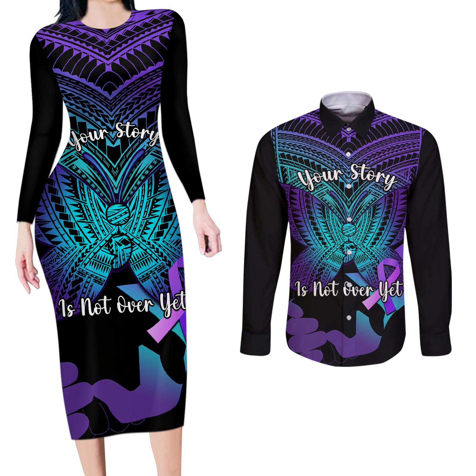 Suicide Awareness Your Story Is Not Over Yet Couples Matching Long Sleeve Bodycon Dress and Long Sleeve Button Shirts Polynesian Butterfly Tattoo - Wonder Print Shop