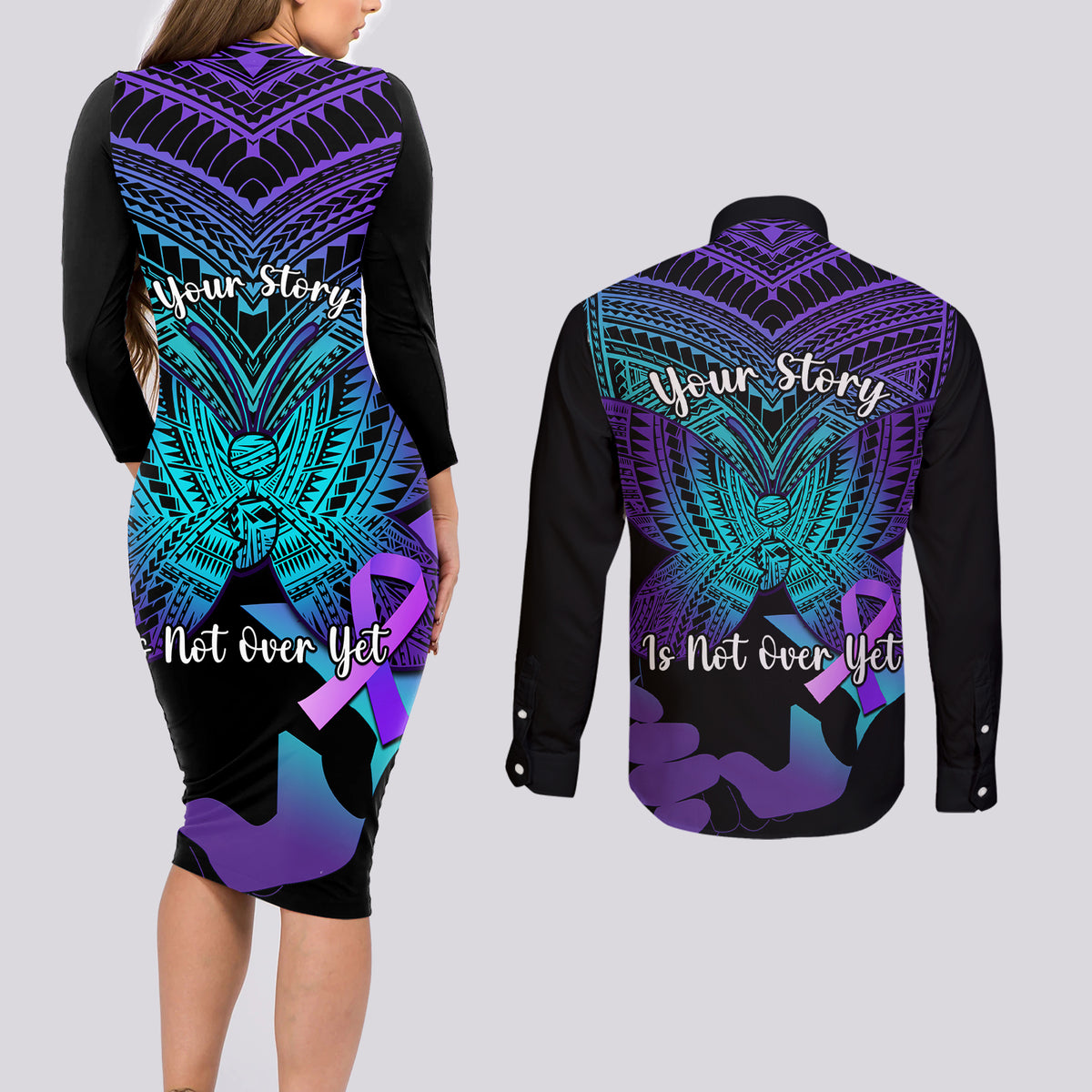 Suicide Awareness Your Story Is Not Over Yet Couples Matching Long Sleeve Bodycon Dress and Long Sleeve Button Shirts Polynesian Butterfly Tattoo - Wonder Print Shop