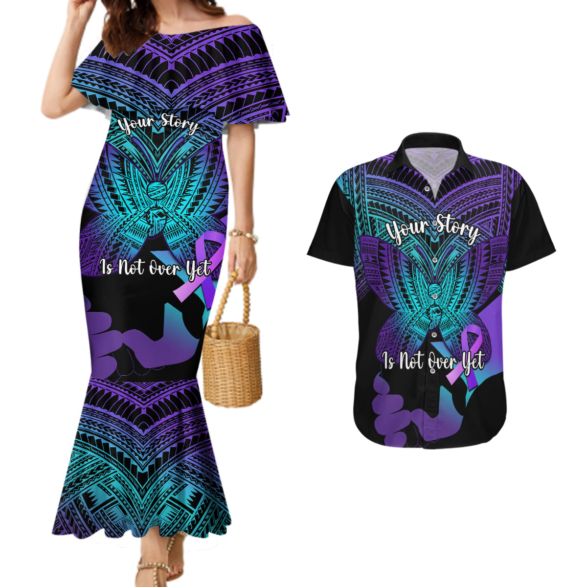 Suicide Awareness Your Story Is Not Over Yet Couples Matching Mermaid Dress and Hawaiian Shirt Polynesian Butterfly Tattoo - Wonder Print Shop