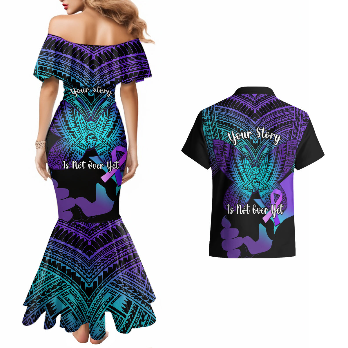 Suicide Awareness Your Story Is Not Over Yet Couples Matching Mermaid Dress and Hawaiian Shirt Polynesian Butterfly Tattoo - Wonder Print Shop