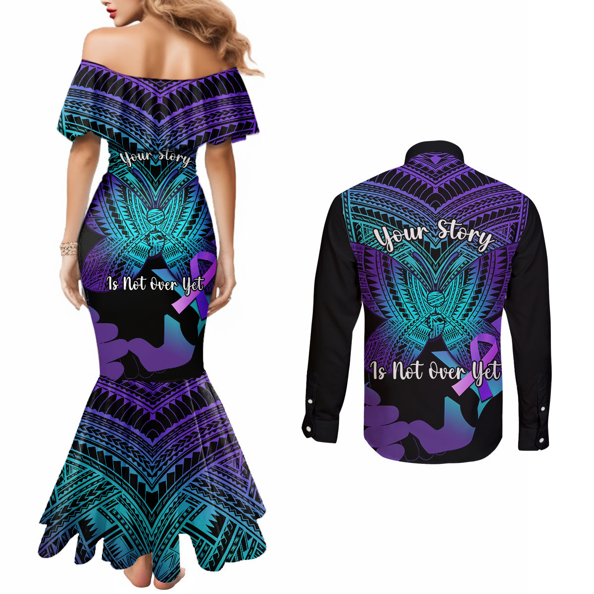 suicide-awareness-your-story-is-not-over-yet-couples-matching-mermaid-dress-and-long-sleeve-button-shirts-polynesian-butterfly-tattoo