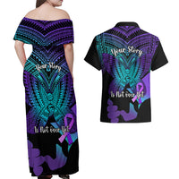 Suicide Awareness Your Story Is Not Over Yet Couples Matching Off Shoulder Maxi Dress and Hawaiian Shirt Polynesian Butterfly Tattoo - Wonder Print Shop
