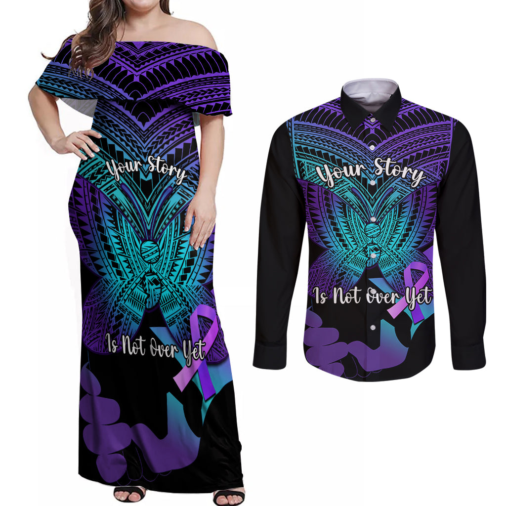 Suicide Awareness Your Story Is Not Over Yet Couples Matching Off Shoulder Maxi Dress and Long Sleeve Button Shirts Polynesian Butterfly Tattoo - Wonder Print Shop