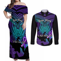 Suicide Awareness Your Story Is Not Over Yet Couples Matching Off Shoulder Maxi Dress and Long Sleeve Button Shirts Polynesian Butterfly Tattoo - Wonder Print Shop
