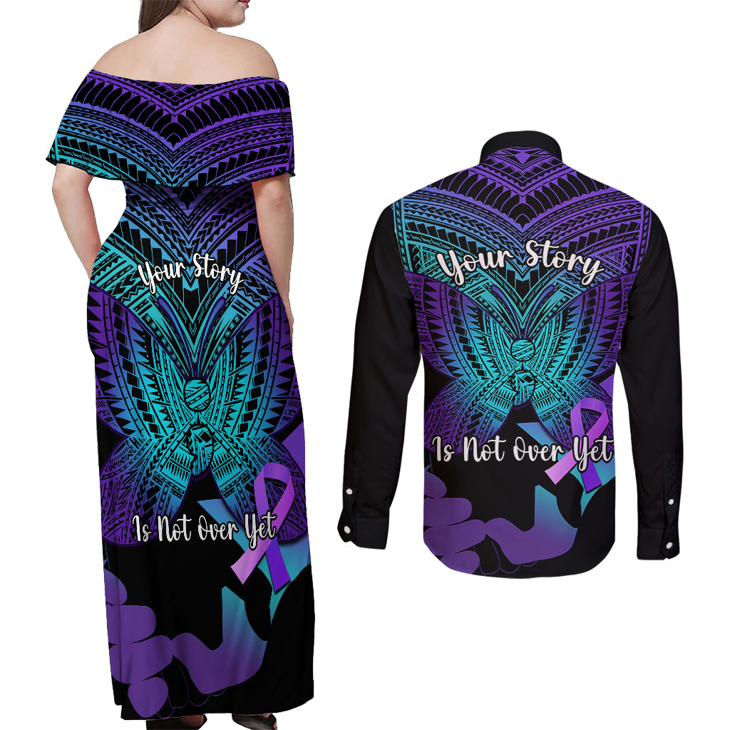 Suicide Awareness Your Story Is Not Over Yet Couples Matching Off Shoulder Maxi Dress and Long Sleeve Button Shirts Polynesian Butterfly Tattoo - Wonder Print Shop