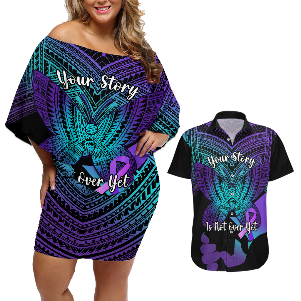 Suicide Awareness Your Story Is Not Over Yet Couples Matching Off Shoulder Short Dress and Hawaiian Shirt Polynesian Butterfly Tattoo - Wonder Print Shop