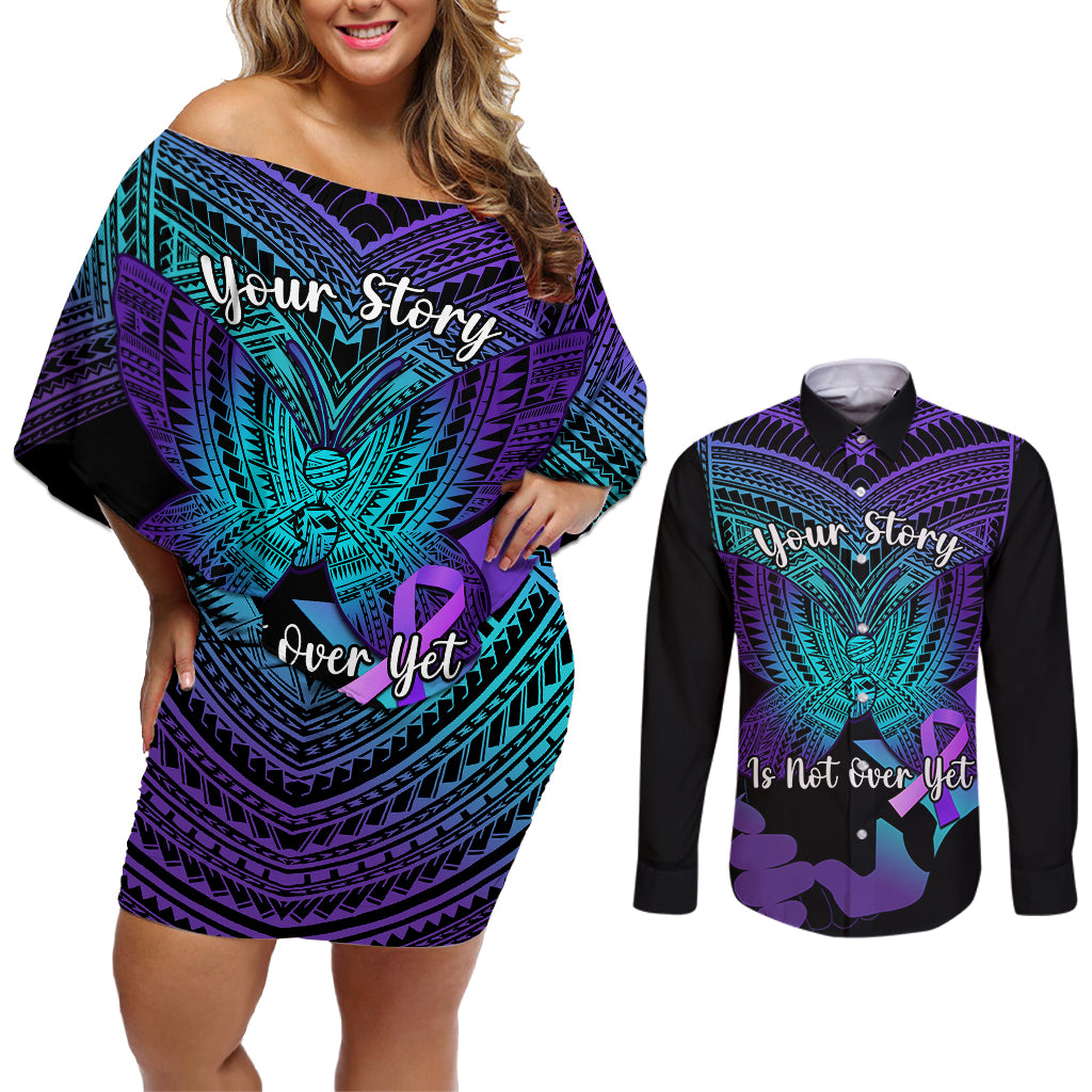 Suicide Awareness Your Story Is Not Over Yet Couples Matching Off Shoulder Short Dress and Long Sleeve Button Shirts Polynesian Butterfly Tattoo - Wonder Print Shop