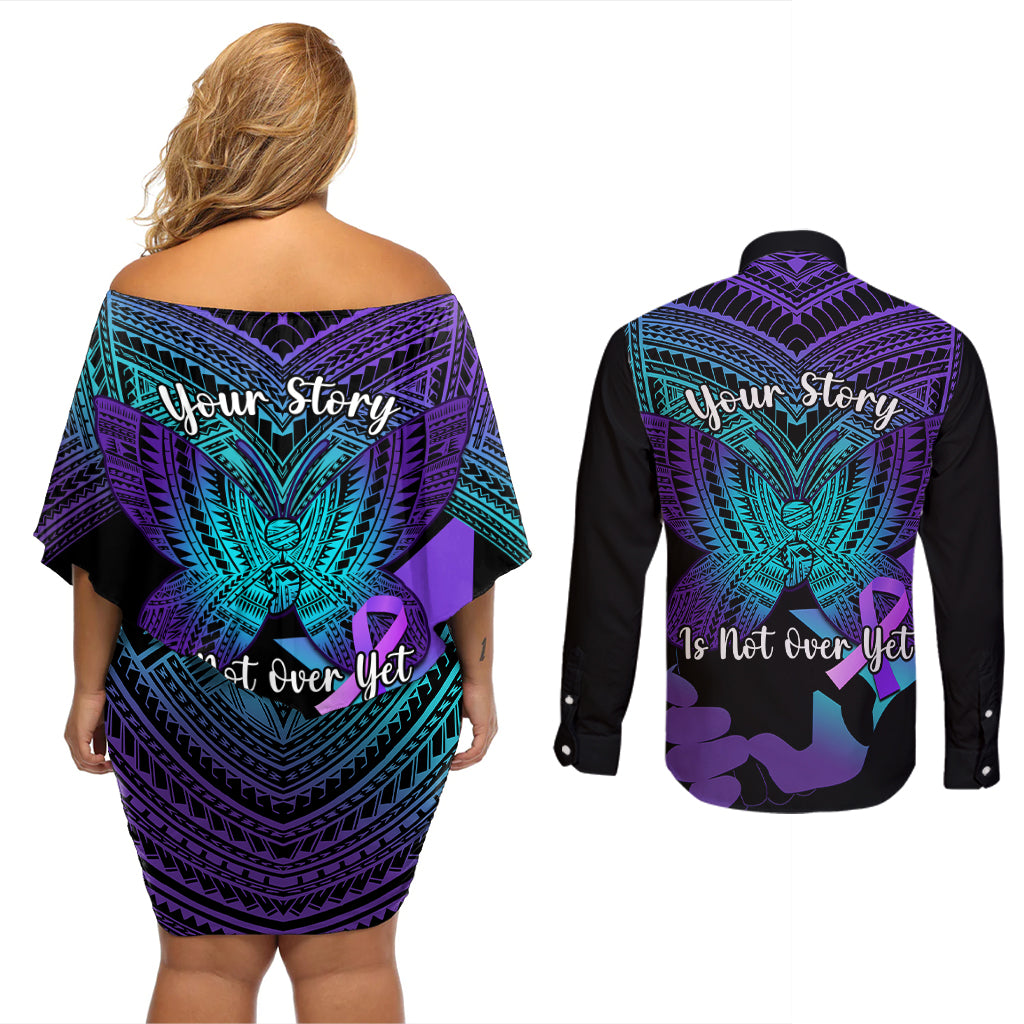 Suicide Awareness Your Story Is Not Over Yet Couples Matching Off Shoulder Short Dress and Long Sleeve Button Shirts Polynesian Butterfly Tattoo - Wonder Print Shop
