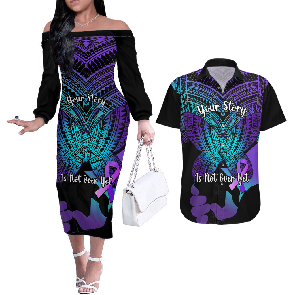 Suicide Awareness Your Story Is Not Over Yet Couples Matching Off The Shoulder Long Sleeve Dress and Hawaiian Shirt Polynesian Butterfly Tattoo - Wonder Print Shop