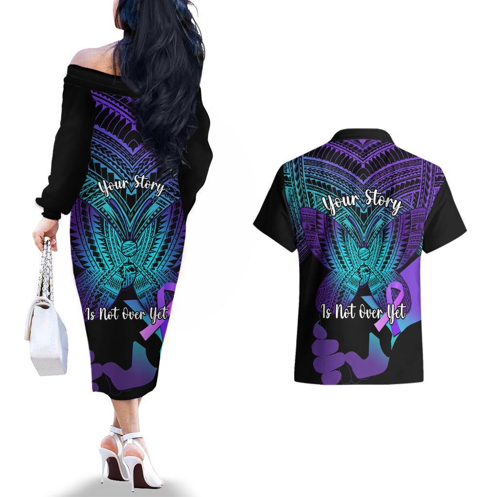Suicide Awareness Your Story Is Not Over Yet Couples Matching Off The Shoulder Long Sleeve Dress and Hawaiian Shirt Polynesian Butterfly Tattoo - Wonder Print Shop