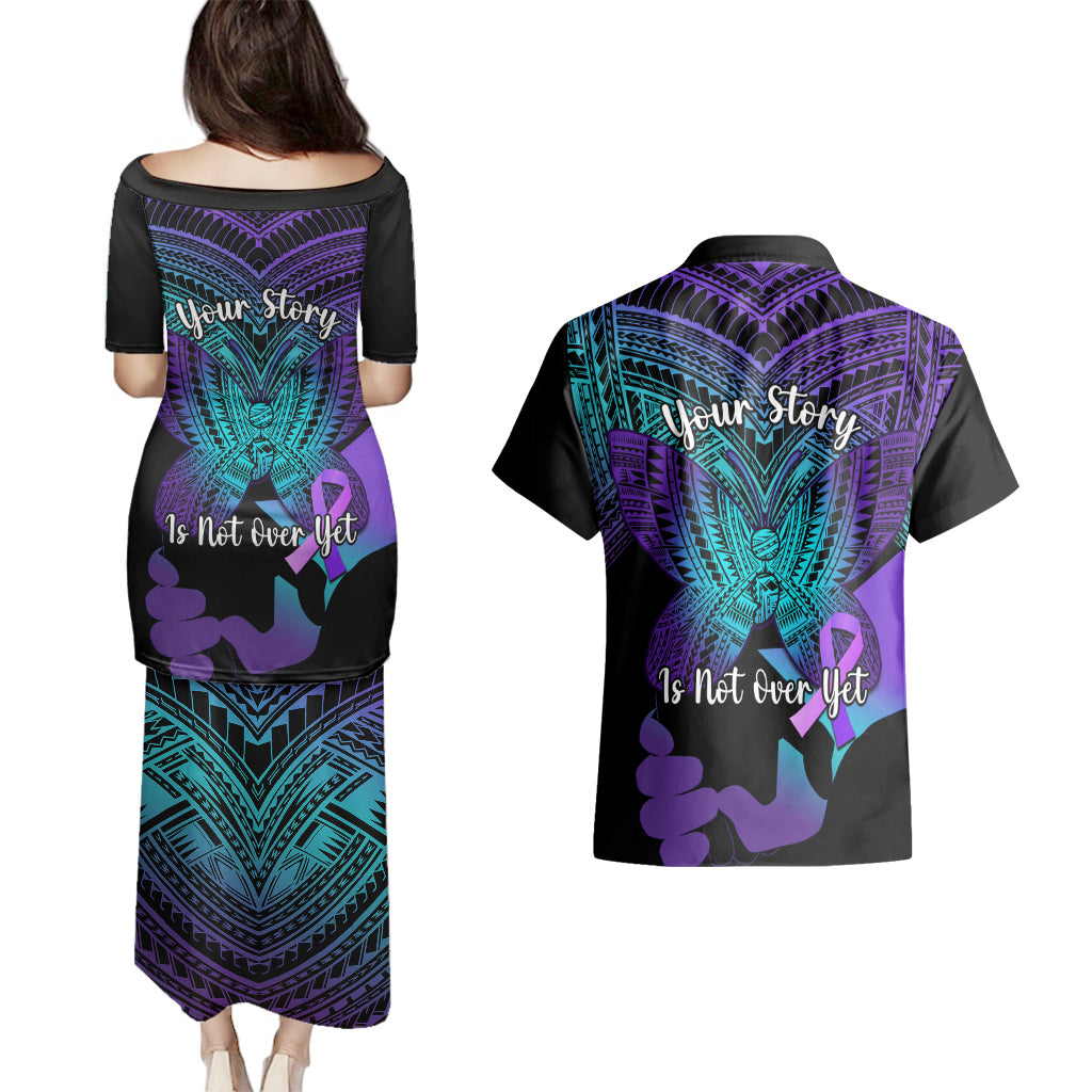 Suicide Awareness Your Story Is Not Over Yet Couples Matching Puletasi Dress and Hawaiian Shirt Polynesian Butterfly Tattoo - Wonder Print Shop