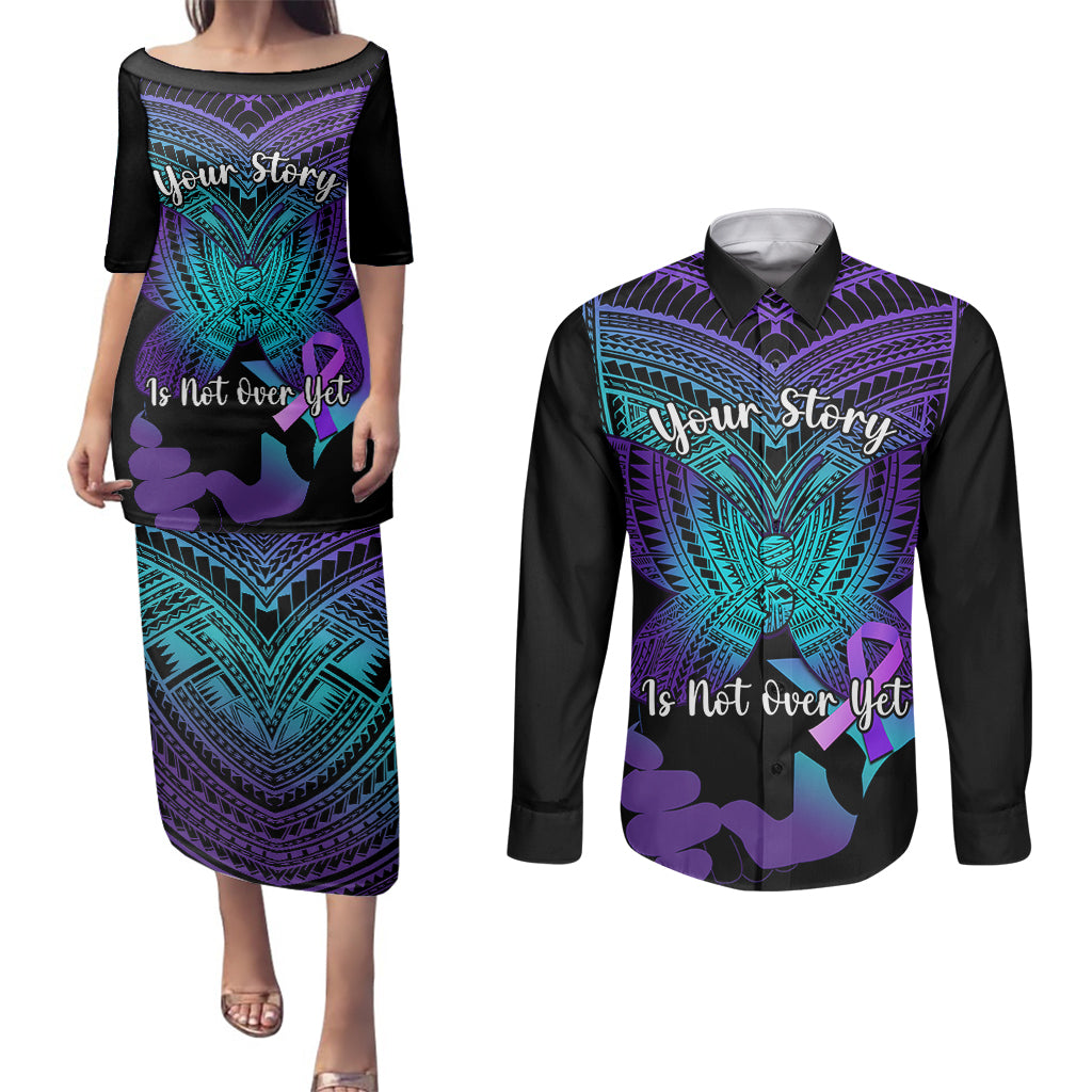 Suicide Awareness Your Story Is Not Over Yet Couples Matching Puletasi Dress and Long Sleeve Button Shirts Polynesian Butterfly Tattoo - Wonder Print Shop