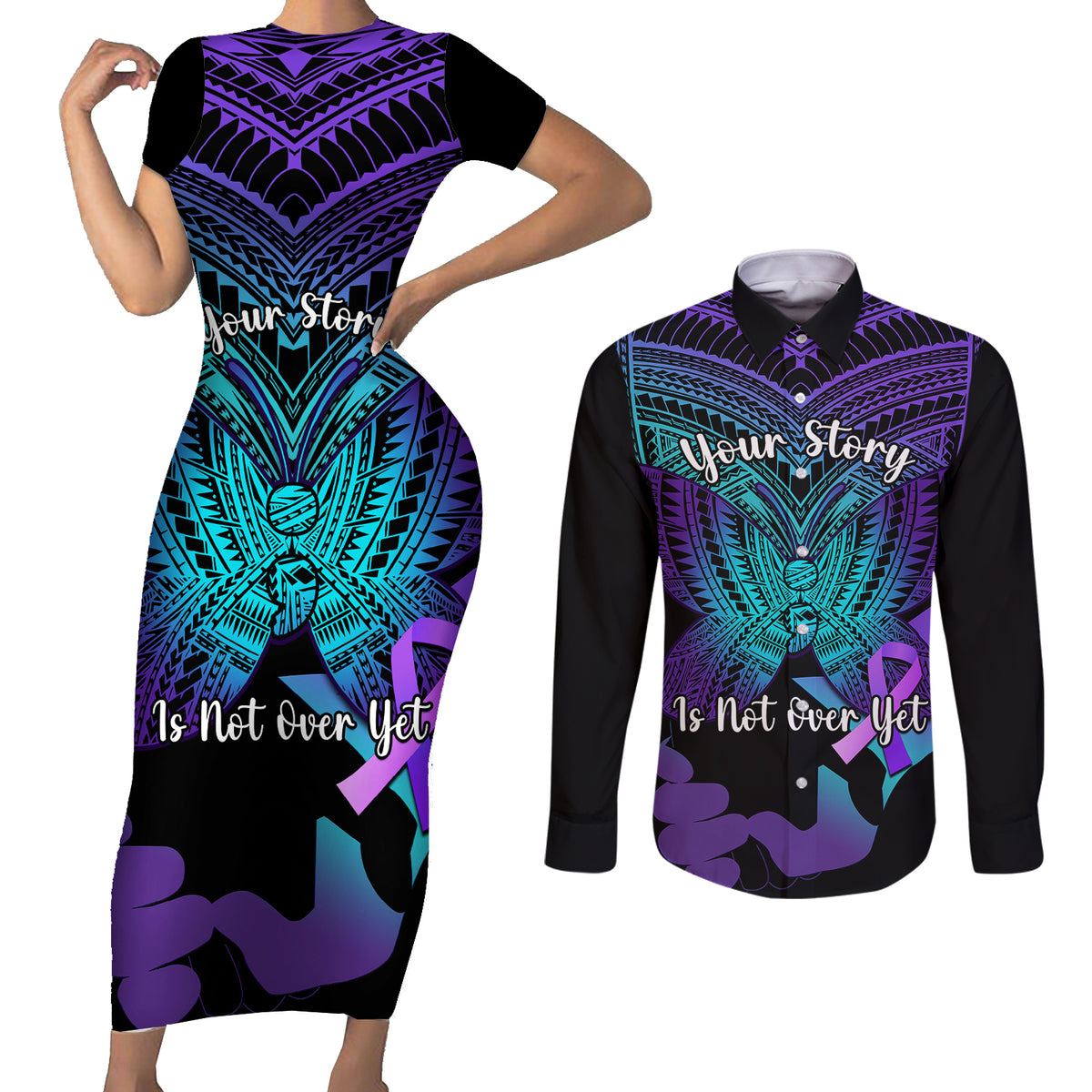 Suicide Awareness Your Story Is Not Over Yet Couples Matching Short Sleeve Bodycon Dress and Long Sleeve Button Shirts Polynesian Butterfly Tattoo - Wonder Print Shop