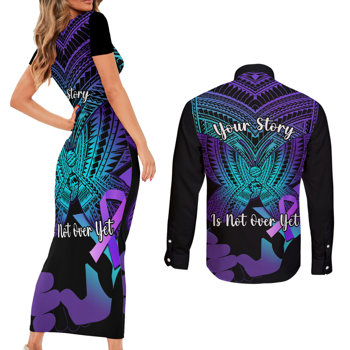 Suicide Awareness Your Story Is Not Over Yet Couples Matching Short Sleeve Bodycon Dress and Long Sleeve Button Shirts Polynesian Butterfly Tattoo - Wonder Print Shop