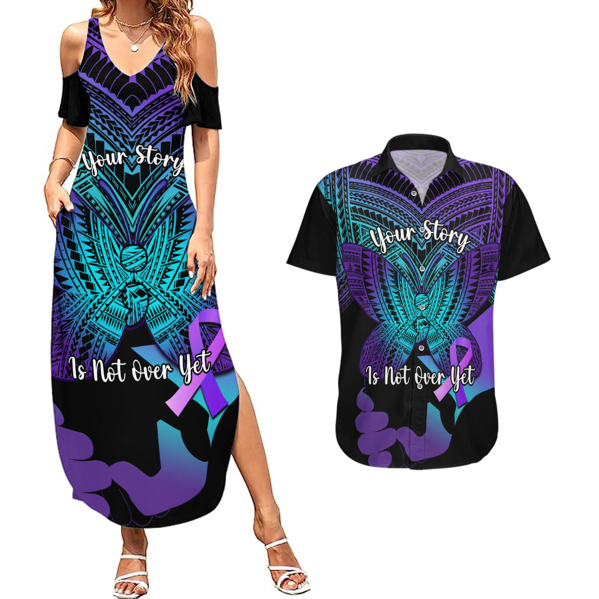 Suicide Awareness Your Story Is Not Over Yet Couples Matching Summer Maxi Dress and Hawaiian Shirt Polynesian Butterfly Tattoo - Wonder Print Shop