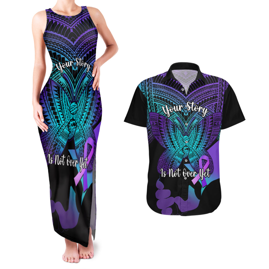 Suicide Awareness Your Story Is Not Over Yet Couples Matching Tank Maxi Dress and Hawaiian Shirt Polynesian Butterfly Tattoo - Wonder Print Shop