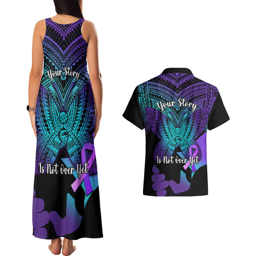 Suicide Awareness Your Story Is Not Over Yet Couples Matching Tank Maxi Dress and Hawaiian Shirt Polynesian Butterfly Tattoo - Wonder Print Shop