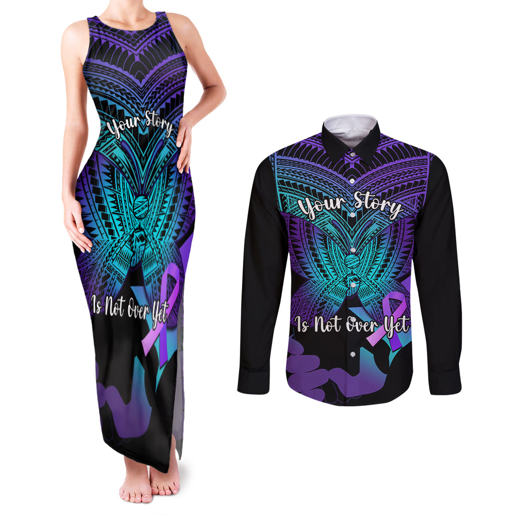 Suicide Awareness Your Story Is Not Over Yet Couples Matching Tank Maxi Dress and Long Sleeve Button Shirts Polynesian Butterfly Tattoo - Wonder Print Shop