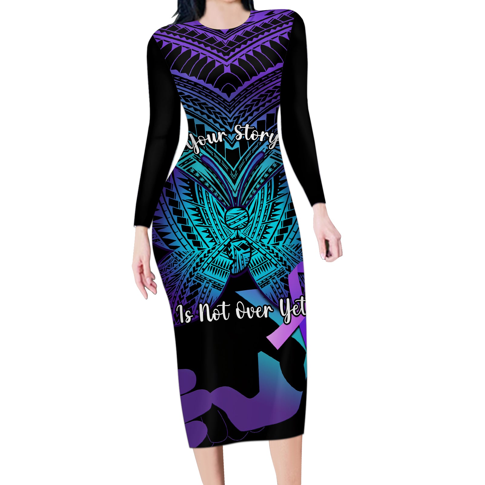 Suicide Awareness Your Story Is Not Over Yet Long Sleeve Bodycon Dress Polynesian Butterfly Tattoo - Wonder Print Shop
