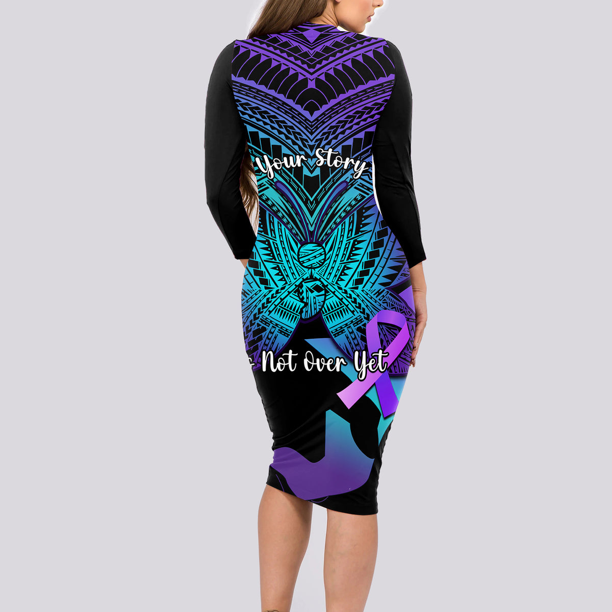 Suicide Awareness Your Story Is Not Over Yet Long Sleeve Bodycon Dress Polynesian Butterfly Tattoo - Wonder Print Shop