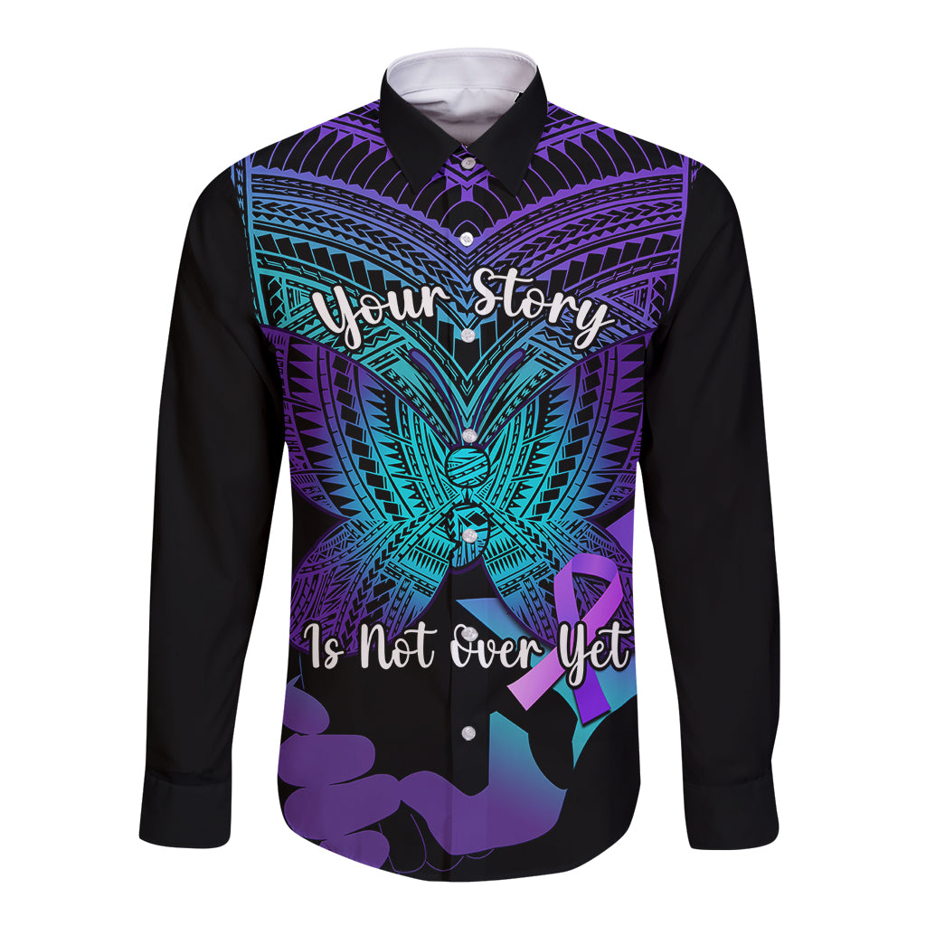 Suicide Awareness Your Story Is Not Over Yet Long Sleeve Button Shirt Polynesian Butterfly Tattoo - Wonder Print Shop