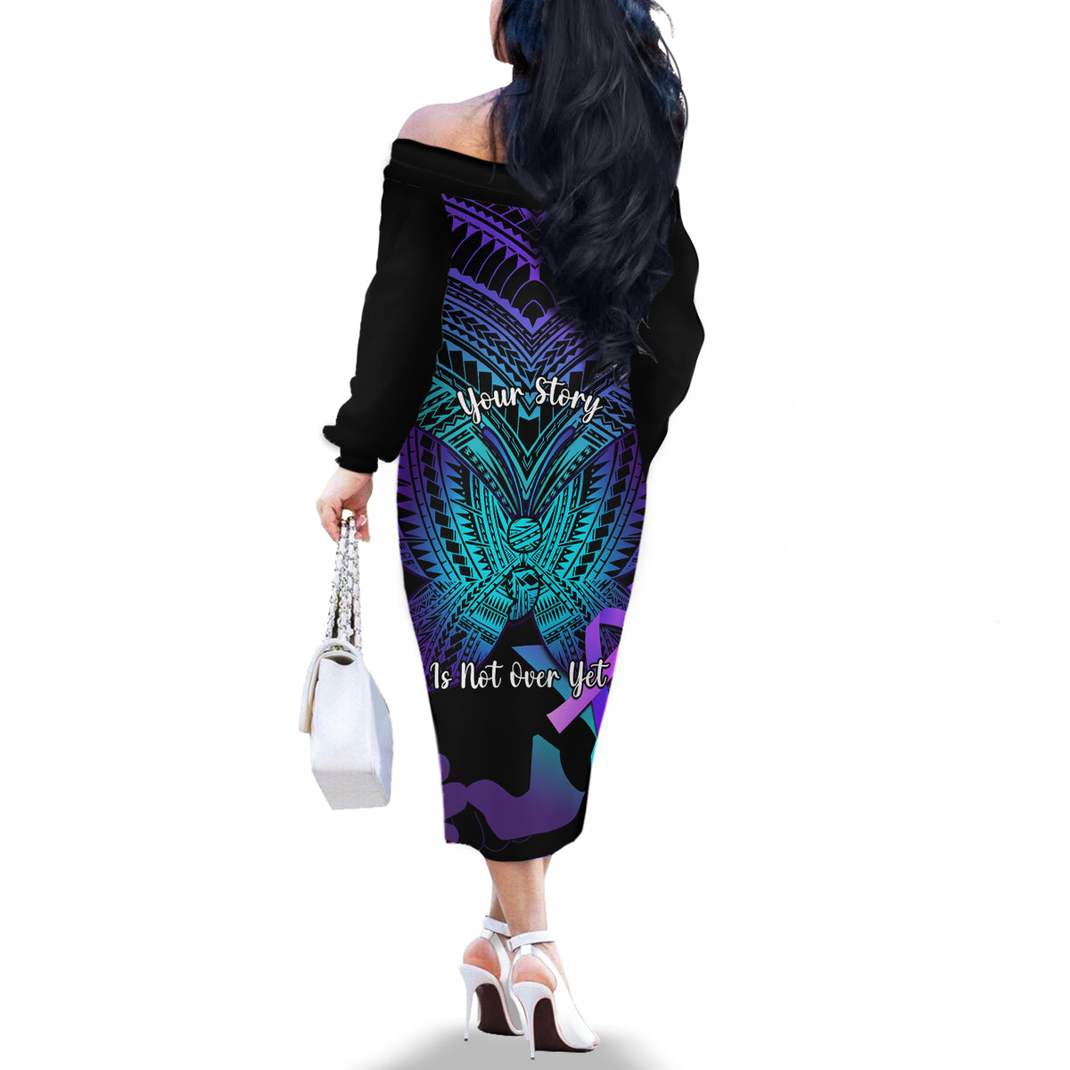 Suicide Awareness Your Story Is Not Over Yet Off The Shoulder Long Sleeve Dress Polynesian Butterfly Tattoo - Wonder Print Shop