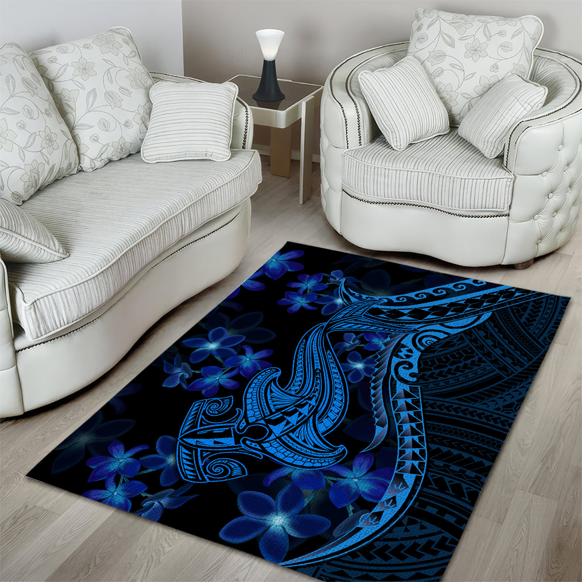 Blue Polynesia Shark Tattoo Area Rug With Polynesian Plumeria - Wonder Print Shop