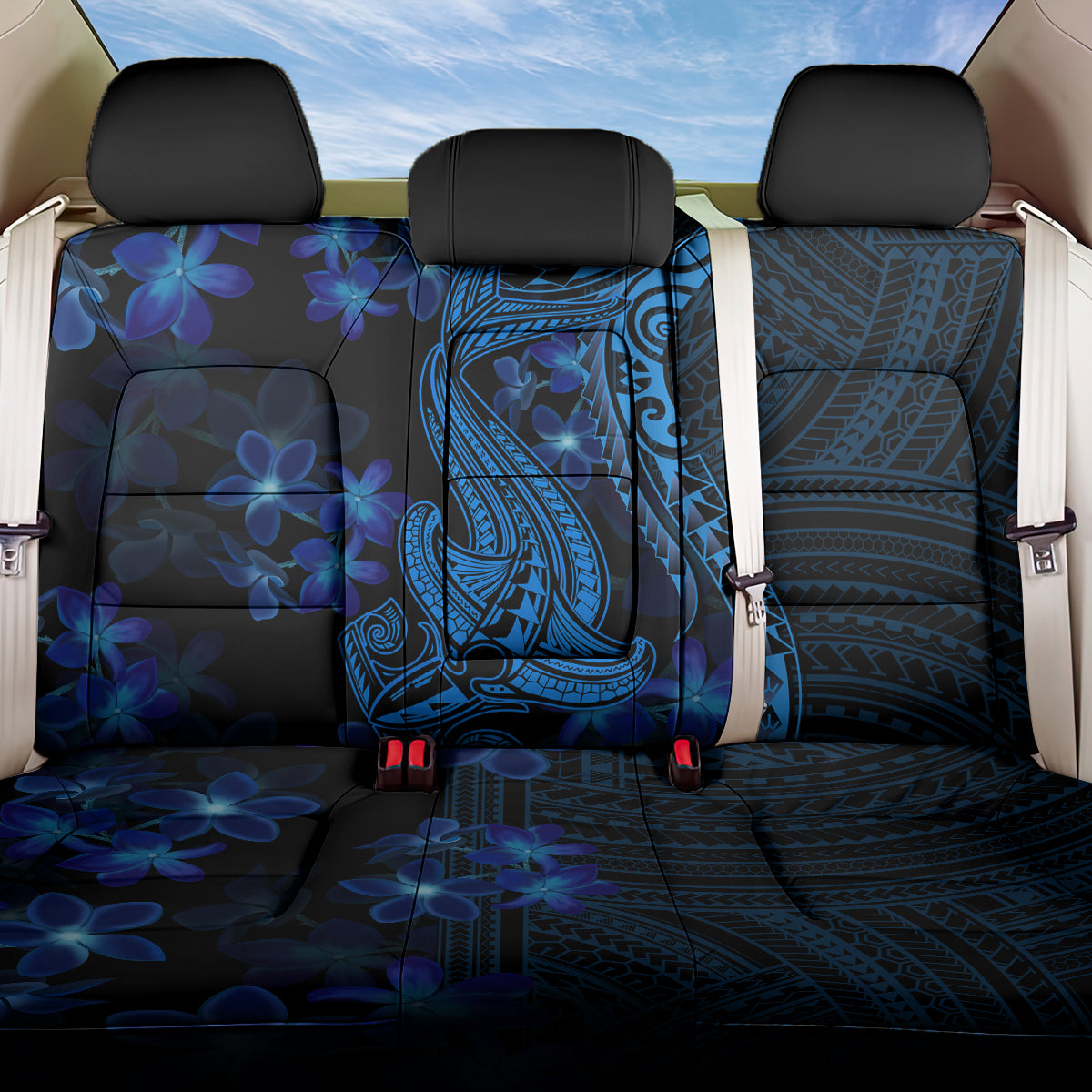 Blue Polynesia Shark Tattoo Back Car Seat Cover With Polynesian Plumeria - Wonder Print Shop