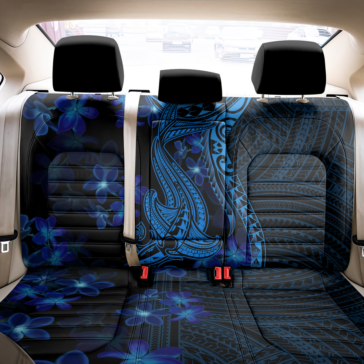 Blue Polynesia Shark Tattoo Back Car Seat Cover With Polynesian Plumeria - Wonder Print Shop