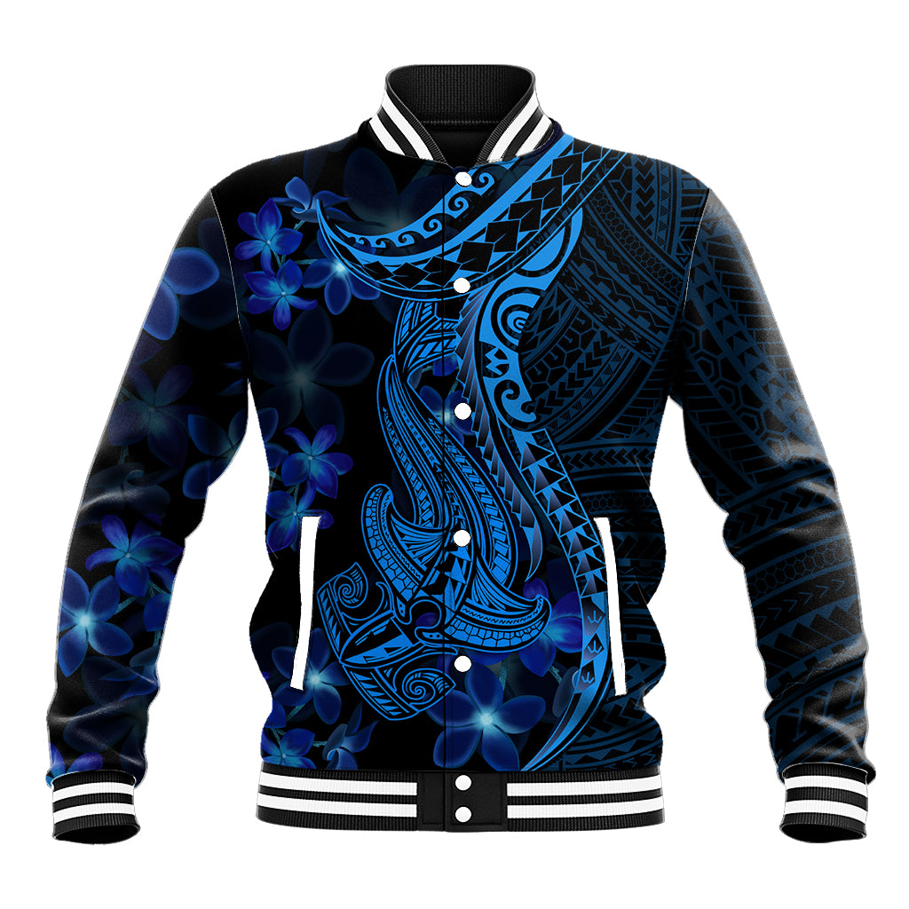 Blue Polynesia Shark Tattoo Baseball Jacket With Polynesian Plumeria - Wonder Print Shop