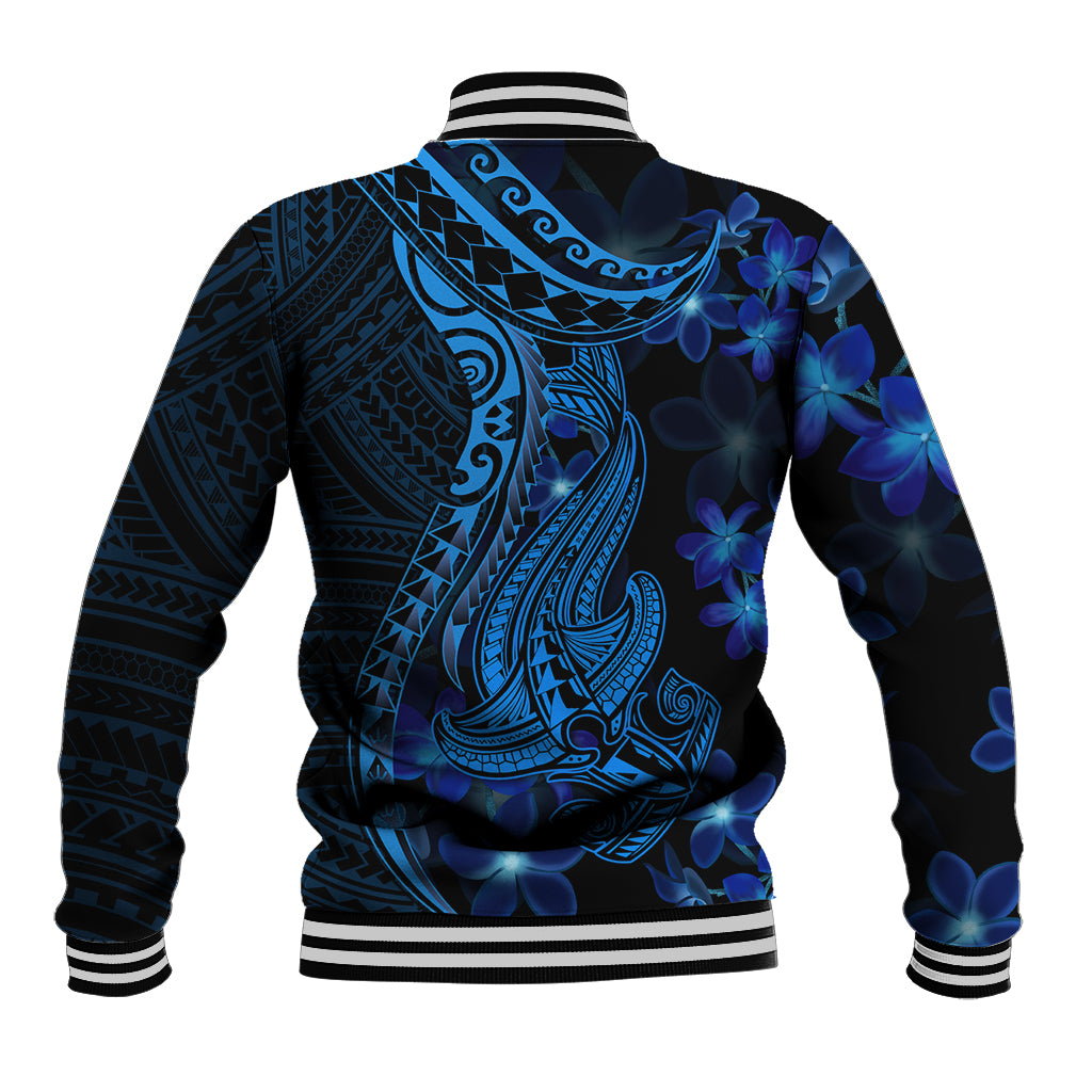 Blue Polynesia Shark Tattoo Baseball Jacket With Polynesian Plumeria - Wonder Print Shop